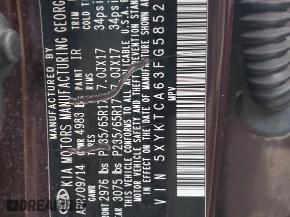 2015 Kia Sorento LX с VIN 5XYKTCA63FG585261, выставлен на аукционе Copart как лот 84011454 с пробегом 148 135 миль миль и Списание • Salvage title. История ставок и продаж доступна на DreamBid. Изображение 13.