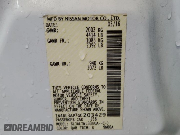 2016 Nissan Altima SL with VIN 1N4BL3AP7GC203429, listed as a Copart auction lot 59878405 with 163,863 mi miles and Non repairable. Bid and sale history available at DreamBid. Image 12.