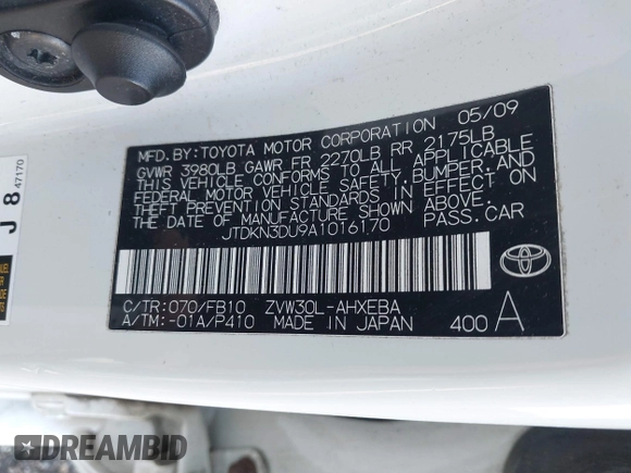 2010 Toyota Prius II with VIN JTDKN3DU9A1016170, listed as a IAAI auction lot 41934229 with 74,363 mi miles. Bid and sale history available at carsss.com. Image 9.