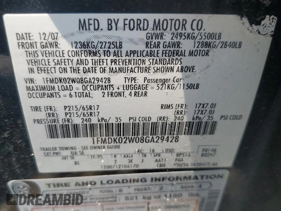 2008 Ford Taurus X SEL with VIN 1FMDK02W08GA29428, listed as a Copart auction lot 58902675 with 256,008 mi miles and Salvage title. Bid and sale history available at DreamBid. Image 13.