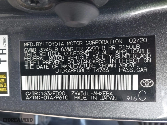 2020 Toyota Prius L Eco with VIN JTDKARFU8L3114786, listed as a IAAI auction lot 41804909 with 196,099 mi miles. Bid and sale history available at carsss.com. Image 9.