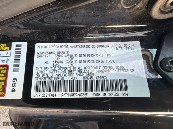 2021 Toyota Tacoma 4WD SR with VIN 3TYSX5EN8MT009400, listed as a Copart auction lot 47143635 with 53,702 mi miles and Salvage Title. Bid and sale history available at carsss.com. Image 10.