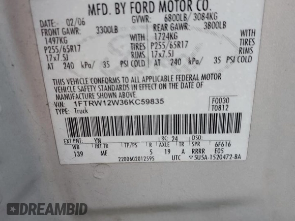 2006 Ford F-150 XLT with VIN 1FTRW12W36KC59835, listed as a Copart auction lot 52481585 with 201,301 mi miles and Salvage Title. Bid and sale history available at DreamBid. Image 12.
