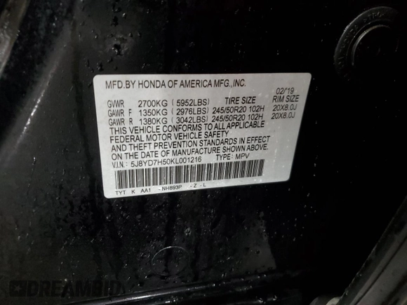 2019 Acura MDX Sport Hybrid w/Technology Pkg with VIN 5J8YD7H50KL001216, listed as a Copart auction lot 79960154 with 336,533 mi miles and Salvage Title. Bid and sale history available at carsss.com. Image 14.