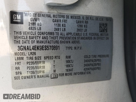 2014 Chevrolet Captiva Sport LTZ with VIN 3GNAL4EK9ES570891, listed as a Copart auction lot 75289344 with 115,066 mi miles and Salvage Title. Bid and sale history available at DreamBid. Image 13.