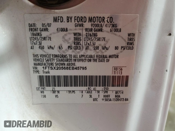 2008 Ford F-250 XL with VIN 1FTSX20568EB45795, listed as a Copart auction lot 82710014 with 149,667 mi miles and Salvage title. Bid and sale history available at DreamBid. Image 12.