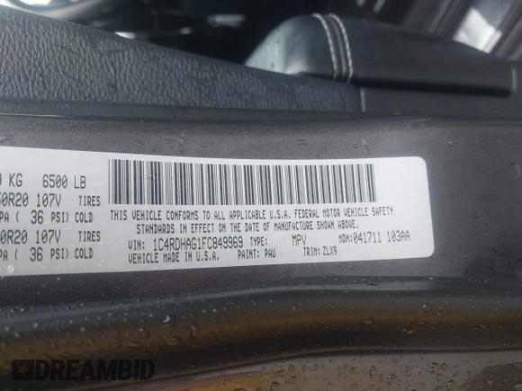 2015 Dodge Durango SXT with VIN 1C4RDHAG1FC849969, listed as a IAAI auction lot 42224878 with 138,531 mi miles and . Bid and sale history available at DreamBid. Image 9.