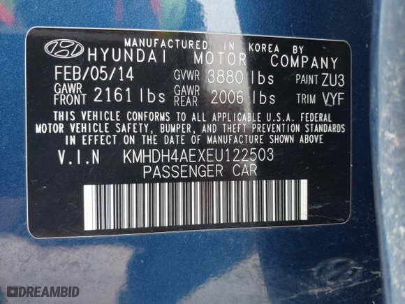 2014 Hyundai Elantra SE with VIN KMHDH4AEXEU122503, listed as a IAAI auction lot 38839586 with 86,865 mi miles. Bid and sale history available at carsss.com. Image 9.