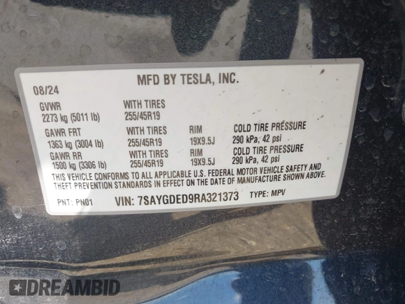 2024 Tesla Model Y with VIN 7SAYGDED9RA321373, listed as a IAAI auction lot 42228491 with 6,452 mi miles and . Bid and sale history available at DreamBid. Image 9.