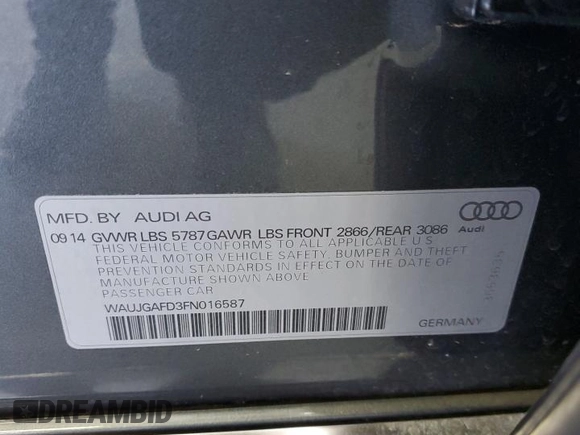 2015 Audi A8 with VIN WAUJGAFD3FN016587, listed as a Copart auction lot 60778904 with 116,818 mi miles and Clean title. Bid and sale history available at DreamBid. Image 12.