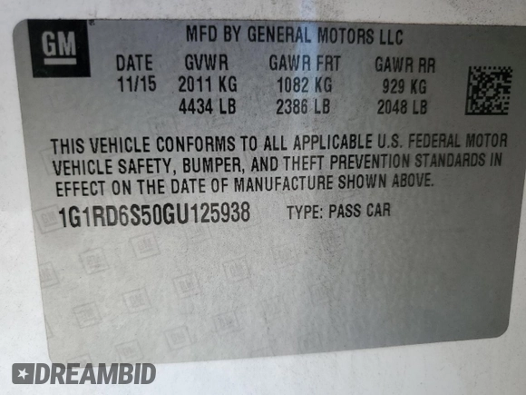 2016 Chevrolet Volt Premier with VIN 1G1RD6S50GU125938, listed as a Copart auction lot 67929712 with 0 mi miles. Bid and sale history available at carsss.com. Image 15.