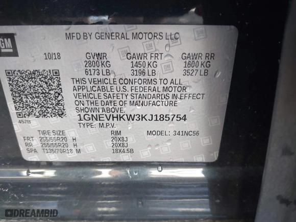 2019 Chevrolet Traverse LT Leather with VIN 1GNEVHKW3KJ185754, listed as a IAAI auction lot 41642651 with 72,337 mi miles. Bid and sale history available at carsss.com. Image 9.