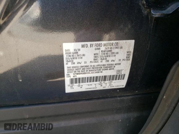 2020 Ford Explorer with VIN 1FMSK8BH3LGC00818, listed as a Copart auction lot 53445545 with 80,365 mi miles and Salvage title. Bid and sale history available at DreamBid. Image 12.