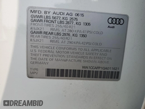 2016 Audi SQ5 Premium Plus with VIN WA1CCAFP1GA011621, listed as a Copart auction lot 60079875 with 94,871 mi miles and Salvage title. Bid and sale history available at DreamBid. Image 13.