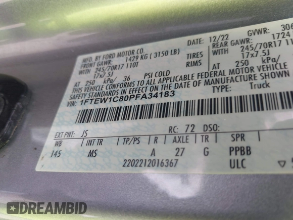 2023 Ford F-150 XL with VIN 1FTEW1C80PFA34183, listed as a IAAI auction lot 42085791 with 60,454 mi miles and . Bid and sale history available at DreamBid. Image 9.