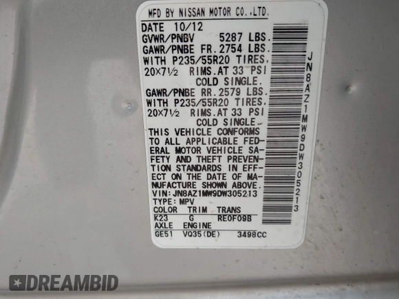 2013 Nissan Murano SV with VIN JN8AZ1MW9DW305213, listed as a IAAI auction lot 42160736 with 166,178 mi miles. Bid and sale history available at carsss.com. Image 9.