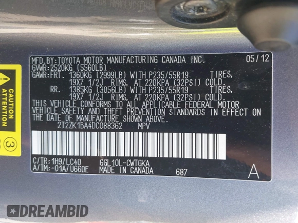 2013 Lexus RX 350 z VIN 2T2ZK1BA4DC088362, wystawiony jako IAAI lot #42264957 z przebiegiem 114 526 mil mil oraz . Historia ofert i sprzedaży dostępna na DreamBid. Obrazek 9.