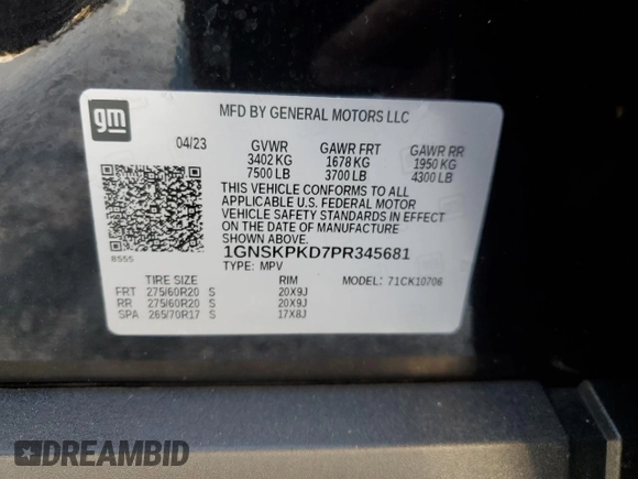 2023 Chevrolet Tahoe Z71 with VIN 1GNSKPKD7PR345681, listed as a Copart auction lot 51258305 with 16,386 mi miles and Clean title. Bid and sale history available at DreamBid. Image 15.