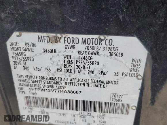 2007 Ford F-150 XLT with VIN 1FTPW12V77KA88667, listed as a Copart auction lot 62866785 with Not provided miles and Salvage title. Bid and sale history available at DreamBid. Image 12.