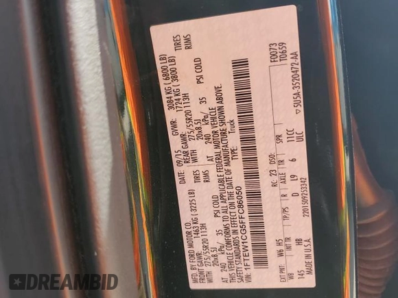 2015 Ford F-150 XL with VIN 1FTEW1CG5FFC86050, listed as a Copart auction lot 61479625 with Not provided miles and Salvage title. Bid and sale history available at DreamBid. Image 12.