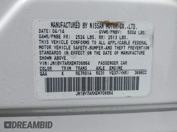2014 Infiniti Q50 Premium with VIN JN1BV7ARXEM706864, listed as a IAAI auction lot 41787396 with 143,726 mi miles. Bid and sale history available at carsss.com. Image 9.