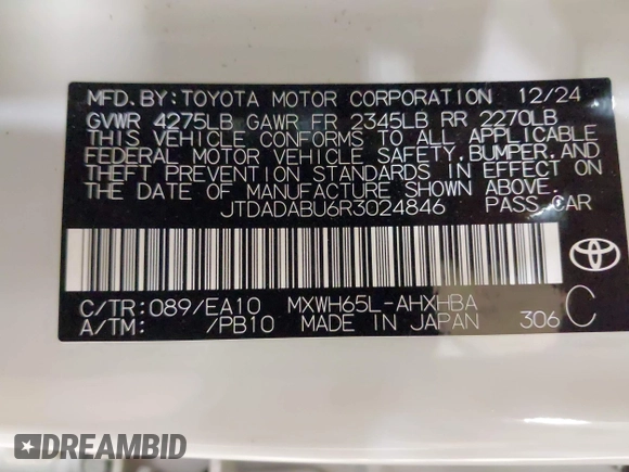 2024 Toyota Prius LE z VIN JTDADABU6R3024846, wystawiony jako IAAI lot #42256141 z przebiegiem 2 840 mil mil oraz . Historia ofert i sprzedaży dostępna na DreamBid. Obrazek 9.