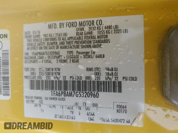 2016 Ford Mustang V6 z VIN 1FA6P8AM7G5320960, wystawiony jako Copart lot #56502695 z przebiegiem 125 599 mil mil oraz Szkoda całkowita • Salvage title. Historia ofert i sprzedaży dostępna na DreamBid. Obrazek 12.