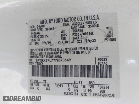 2000 Ford F-150 XL with VIN 1FTRX17L7YNB73649, listed as a IAAI auction lot 42159021 with Not provided miles and . Bid and sale history available at DreamBid. Image 9.