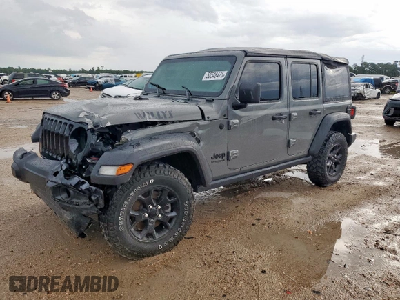 2021 Jeep Wrangler Unlimited Willys with VIN 1C4HJXDM6MW628041, listed as a Copart auction lot 58548475 with 22,697 mi miles and Salvage title. Bid and sale history available at DreamBid. Image 1.