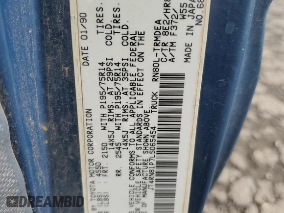 1990 Toyota Pickup DX с VIN JT4RN81P7L5065454, выставлен на аукционе Copart как лот 52913465 с пробегом 366 591 миль миль и Списание • Salvage title. История ставок и продаж доступна на DreamBid. Изображение 13.