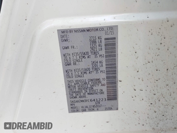 2015 Nissan Pathfinder Platinum with VIN 5N1AR2MN3FC641223, listed as a IAAI auction lot 42013024 with 148,673 mi miles and . Bid and sale history available at DreamBid. Image 9.