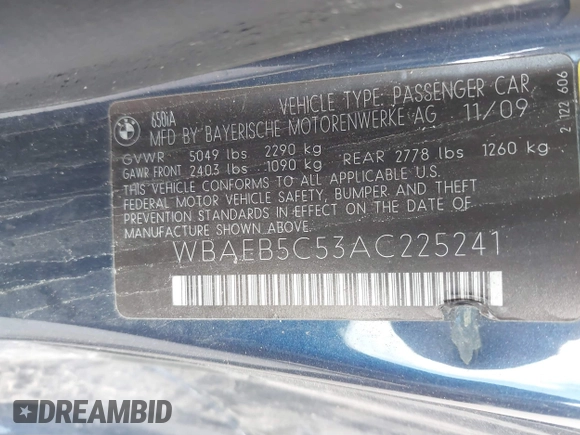 2010 BMW 6 Series 650i z VIN WBAEB5C53AC225241, wystawiony jako IAAI lot #42320308 z przebiegiem 216 151 mil mil oraz . Historia ofert i sprzedaży dostępna na DreamBid. Obrazek 9.