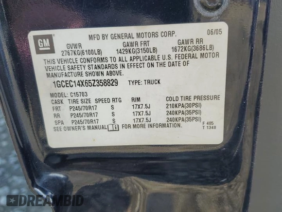 2005 Chevrolet Silverado 1500 with VIN 1GCEC14X65Z358829, listed as a Copart auction lot 55583695 with Not Provided miles and Clean Title. Bid and sale history available at DreamBid. Image 12.