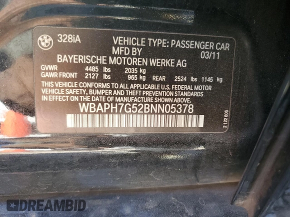 2011 BMW 3 Series 328i with VIN WBAPH7G52BNN05378, listed as a Copart auction lot 46983785 with 169,752 mi miles and Salvage Title. Bid and sale history available at carsss.com. Image 12.