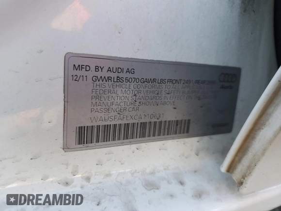 2012 Audi A4 Premium с VIN WAUSFAFLXCA110631, выставлен на аукционе Copart как лот 81297104 с пробегом 110 713 миль миль и Списание • Salvage title. История ставок и продаж доступна на DreamBid. Изображение 12.