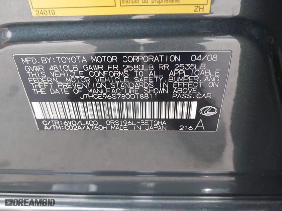 2008 Lexus GS 350 with VIN JTHCE96S780018811, listed as a IAAI auction lot 41269527 with 59,655 mi miles. Bid and sale history available at carsss.com. Image 9.