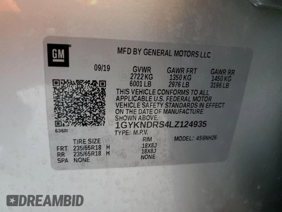 2020 Cadillac XT5 Premium Luxury AWD with VIN 1GYKNDRS4LZ124935, listed as a Copart auction lot 62177965 with 35,671 mi miles and Salvage title. Bid and sale history available at DreamBid. Image 13.