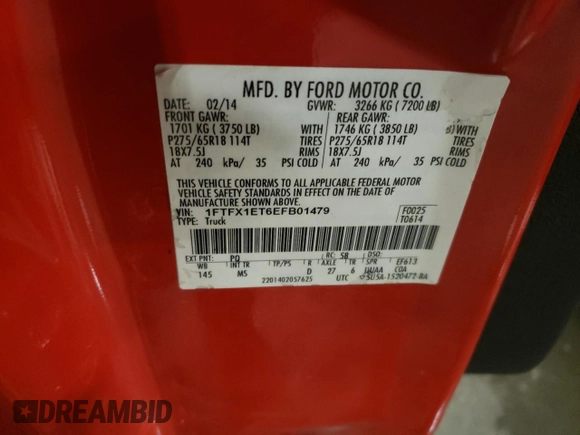 2014 Ford F-150 XL with VIN 1FTFX1ET6EFB01479, listed as a Copart auction lot 41887725 with 128,882 mi miles and Non Repairable. Bid and sale history available at carsss.com. Image 12.