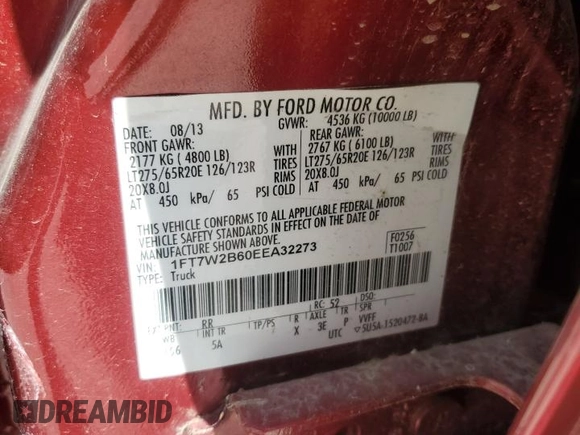 2014 Ford F-250 XL with VIN 1FT7W2B60EEA32273, listed as a Copart auction lot 56717315 with 134,143 mi miles and Salvage title. Bid and sale history available at DreamBid. Image 13.