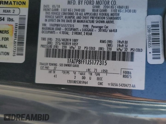 2018 Ford Mustang GT Premium with VIN 1FATP8FF1J5177315, listed as a Copart auction lot 70047074 with 84,159 mi miles and Salvage title. Bid and sale history available at DreamBid. Image 13.