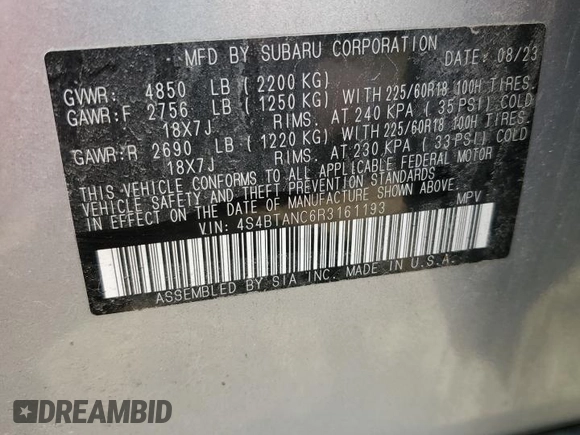 2024 Subaru Outback Limited with VIN 4S4BTANC6R3161193, listed as a Copart auction lot 59732485 with 27,991 mi miles and Salvage title. Bid and sale history available at DreamBid. Image 12.