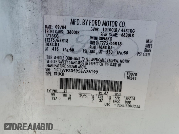 2005 Ford F-350 with VIN 1FTWF30595EA76199, listed as a Copart auction lot 39603134 with Not provided miles and Salvage title. Bid and sale history available at DreamBid. Image 12.