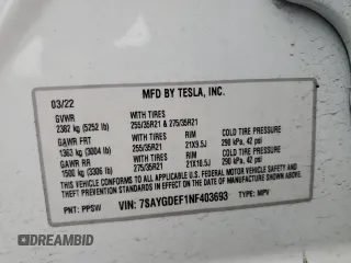 2022 Tesla Model Y Performance with VIN 7SAYGDEF1NF403693, listed as a Copart auction lot 53575845 with 34,302 mi miles and Salvage title. Bid and sale history available at DreamBid. Image 14.