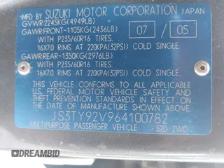 2006 Suzuki XL7 with VIN JS3TY92V964100782, listed as a IAAI auction lot 42678396 with 218,621 mi miles and . Bid and sale history available at DreamBid. Image 9.