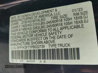 2023 Honda Ridgeline RTL-E with VIN 5FPYK3F71PB022739, listed as a IAAI auction lot 42447428 with 19,702 mi miles and . Bid and sale history available at DreamBid. Image 9.