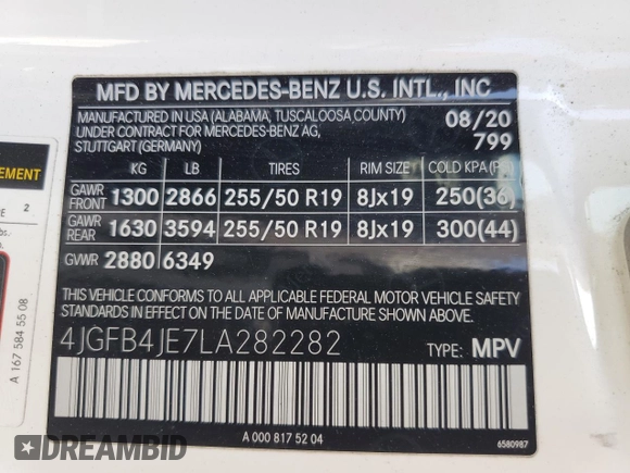 2020 Mercedes-Benz GLE 350 with VIN 4JGFB4JE7LA282282, listed as a Copart auction lot 56542535 with 100,079 mi miles and Salvage title. Bid and sale history available at DreamBid. Image 13.