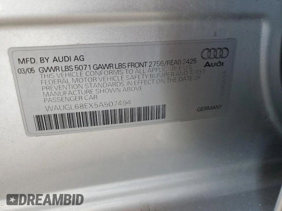 2005 Audi S4 z VIN WAUGL68EX5A507494, wystawiony jako Copart lot #77035024 z przebiegiem 172 051 mil mil oraz Szkoda całkowita • Salvage title. Historia ofert i sprzedaży dostępna na DreamBid. Obrazek 13.
