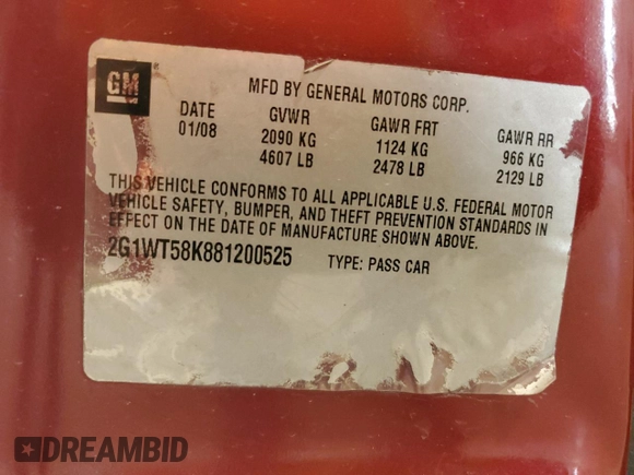 2008 Chevrolet Impala LT with VIN 2G1WT58K881200525, listed as a Copart auction lot 53525725 with 159,142 mi miles and Non Repairable. Bid and sale history available at DreamBid. Image 12.