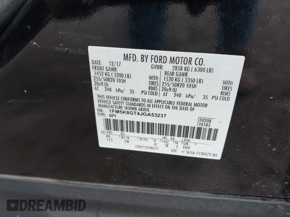 2018 Ford Explorer Sport с VIN 1FM5K8GT4JGA53237, выставлен на аукционе IAAI как лот 42422714 с пробегом 53 830 миль миль и . История ставок и продаж доступна на DreamBid. Изображение 9.
