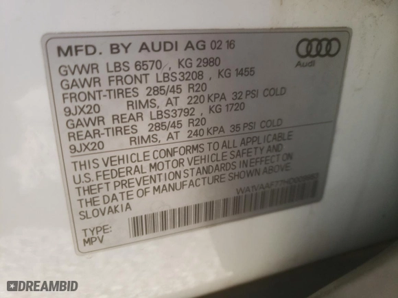 2017 Audi Q7 Prestige with VIN WA1VAAF77HD009953, listed as a Copart auction lot 52537415 with 160,959 mi miles and Clean Title. Bid and sale history available at carsss.com. Image 12.